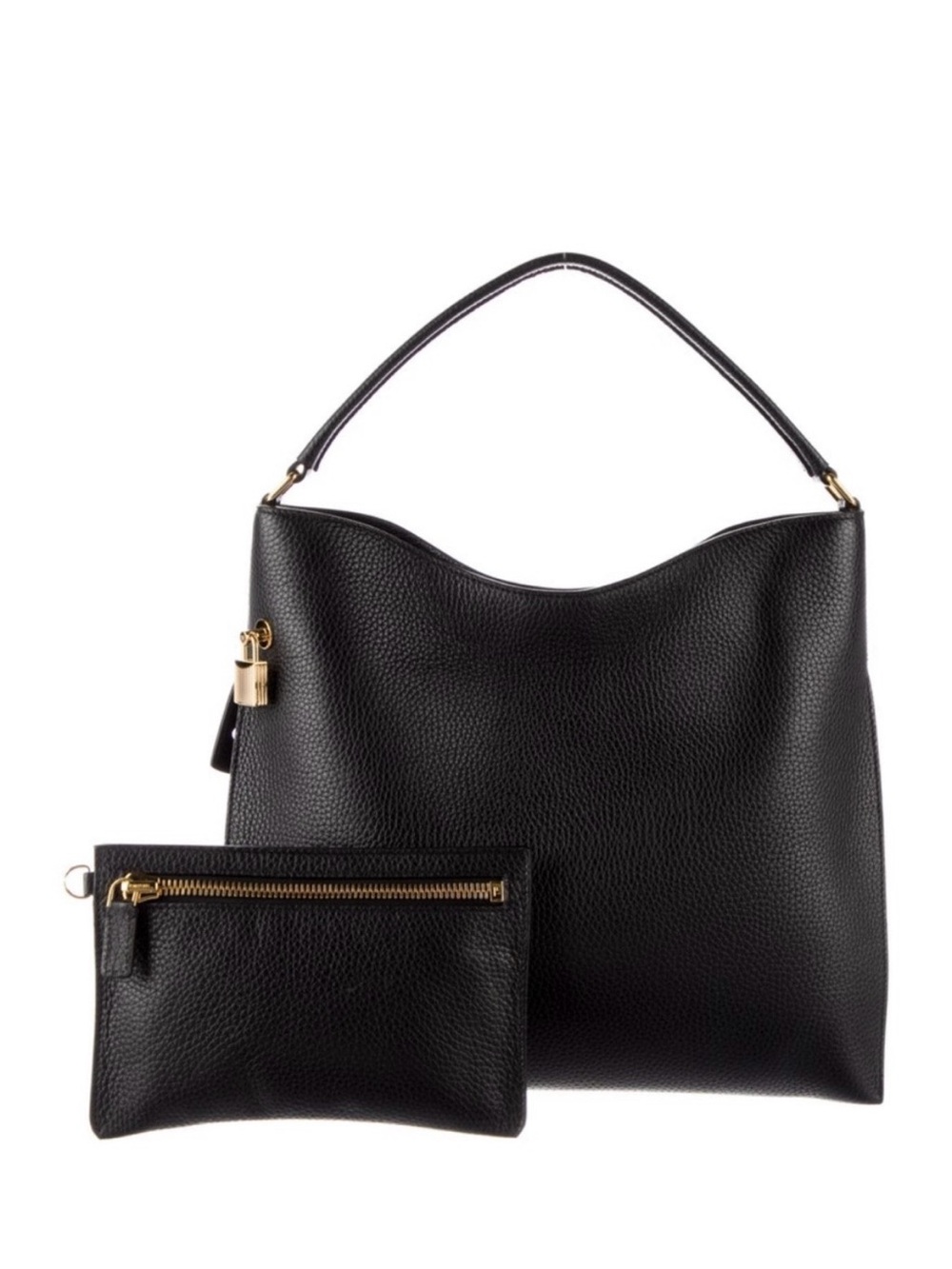 Tom Ford Black Pebbled Leather Hobo Shoulder Bag with Zip Pouch